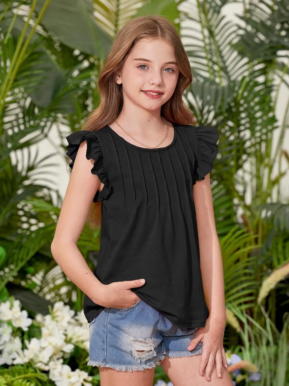 BesserBay Girls Summer Flutter Sleeve Crew Neck Pleated Front Tops Solid Shirred Casual Loose Fit Shirts 5-14 Years
