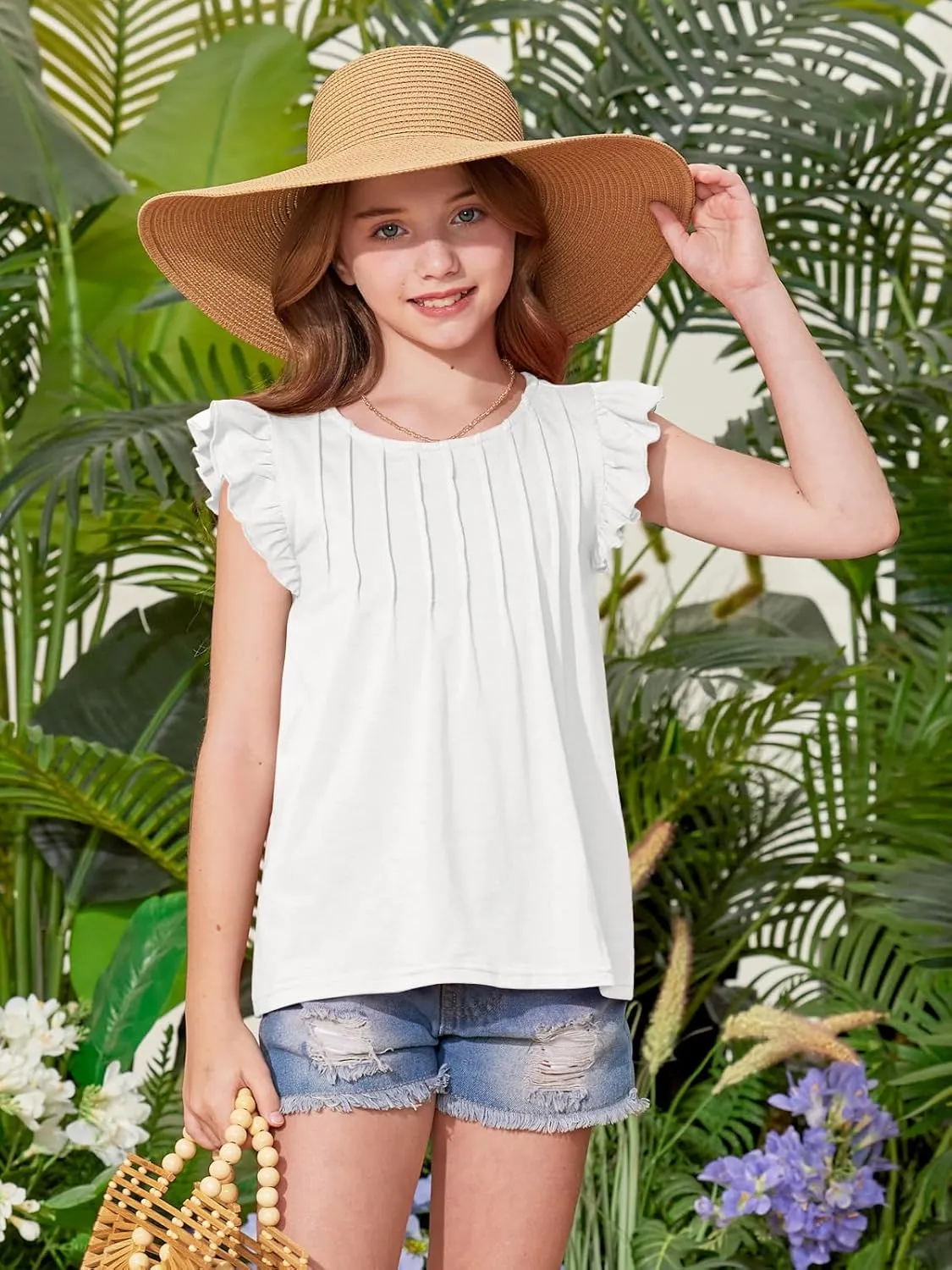 BesserBay Girls Summer Flutter Sleeve Crew Neck Pleated Front Tops Solid Shirred Casual Loose Fit Shirts 5-14 Years
