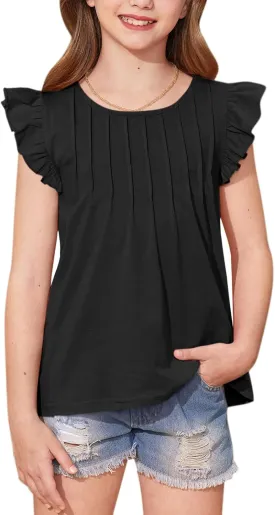 BesserBay Girls Summer Flutter Sleeve Crew Neck Pleated Front Tops Solid Shirred Casual Loose Fit Shirts 5-14 Years