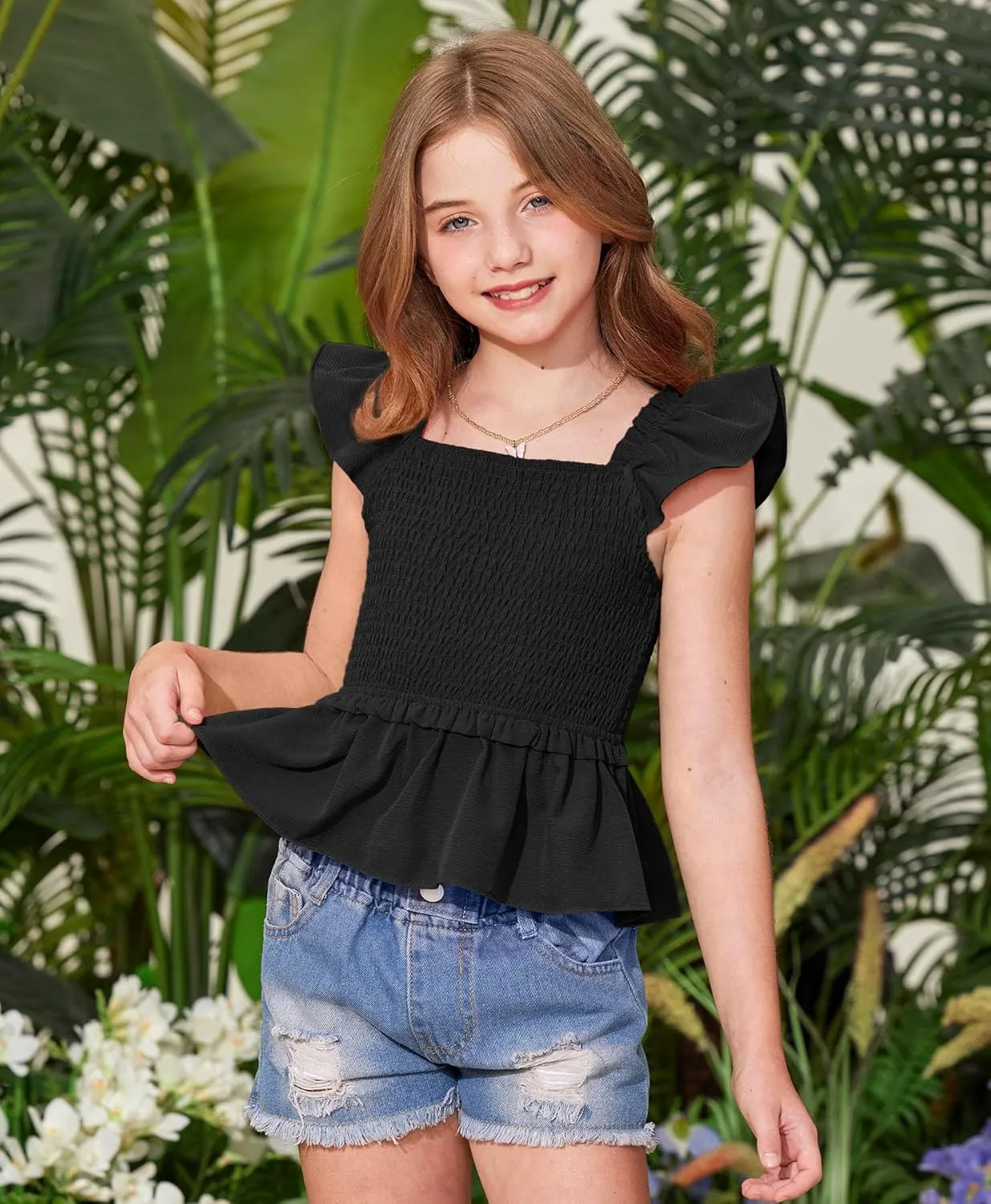 BesserBay Girls Summer Ruffle Cap Sleeve Square Neck Tank Top Peplum Hem Smocked Cute Babydoll Blouse 5-14 Years