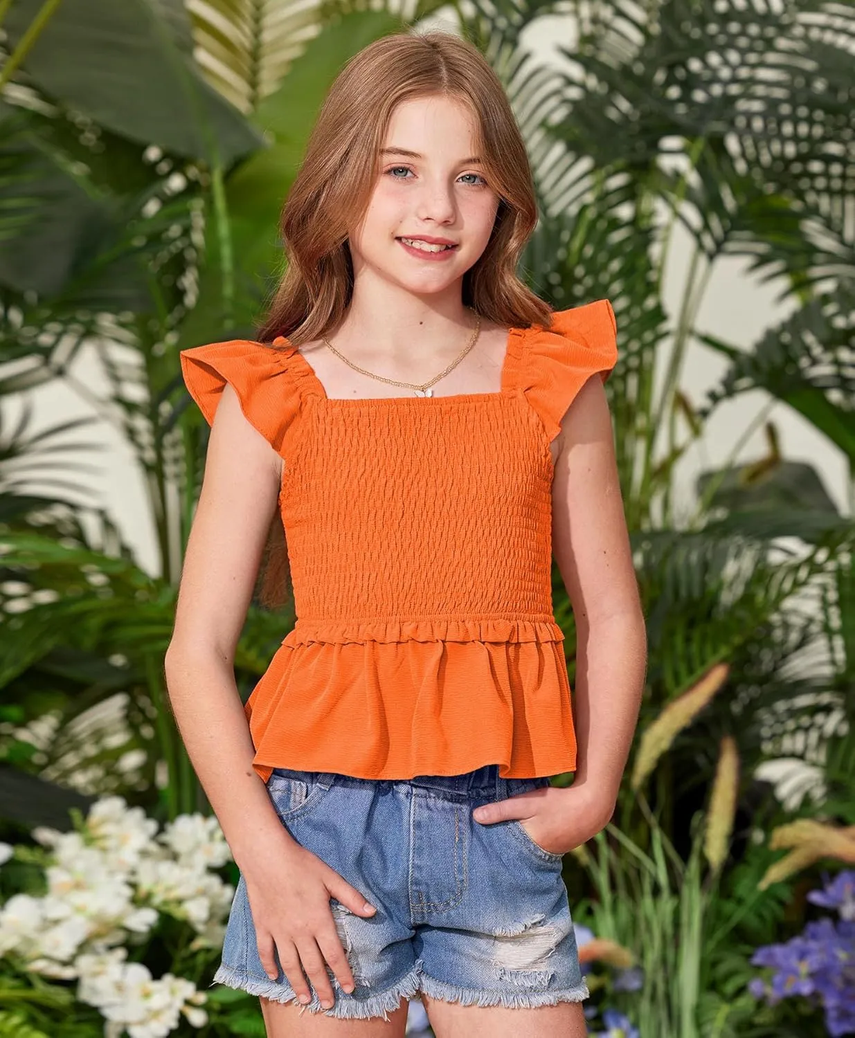 BesserBay Girls Summer Ruffle Cap Sleeve Square Neck Tank Top Peplum Hem Smocked Cute Babydoll Blouse 5-14 Years
