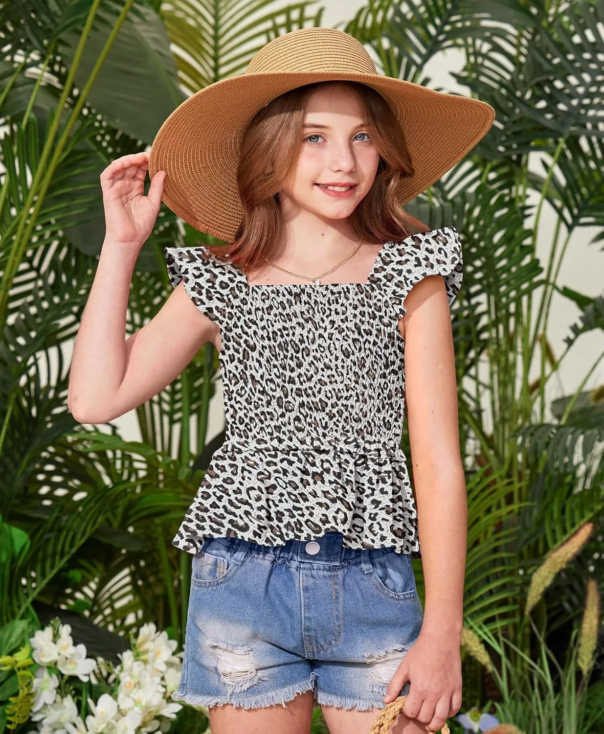 BesserBay Girls Summer Ruffle Cap Sleeve Square Neck Tank Top Peplum Hem Smocked Cute Babydoll Blouse 5-14 Years