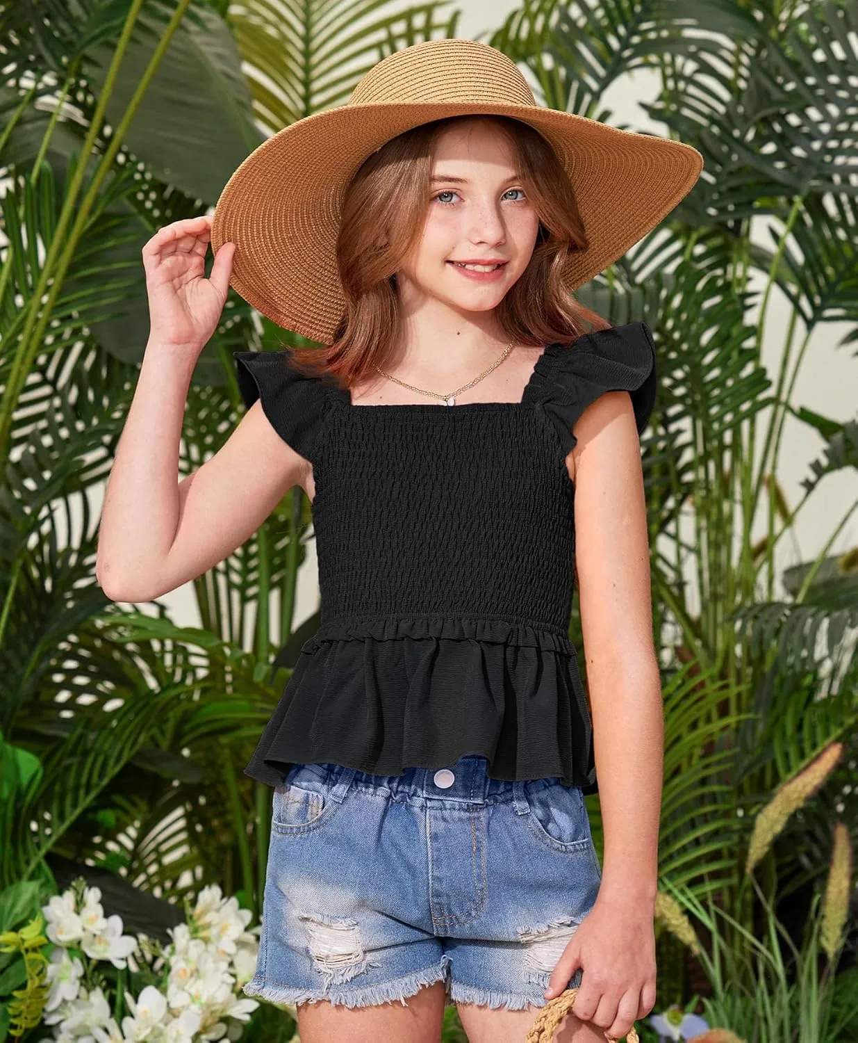 BesserBay Girls Summer Ruffle Cap Sleeve Square Neck Tank Top Peplum Hem Smocked Cute Babydoll Blouse 5-14 Years