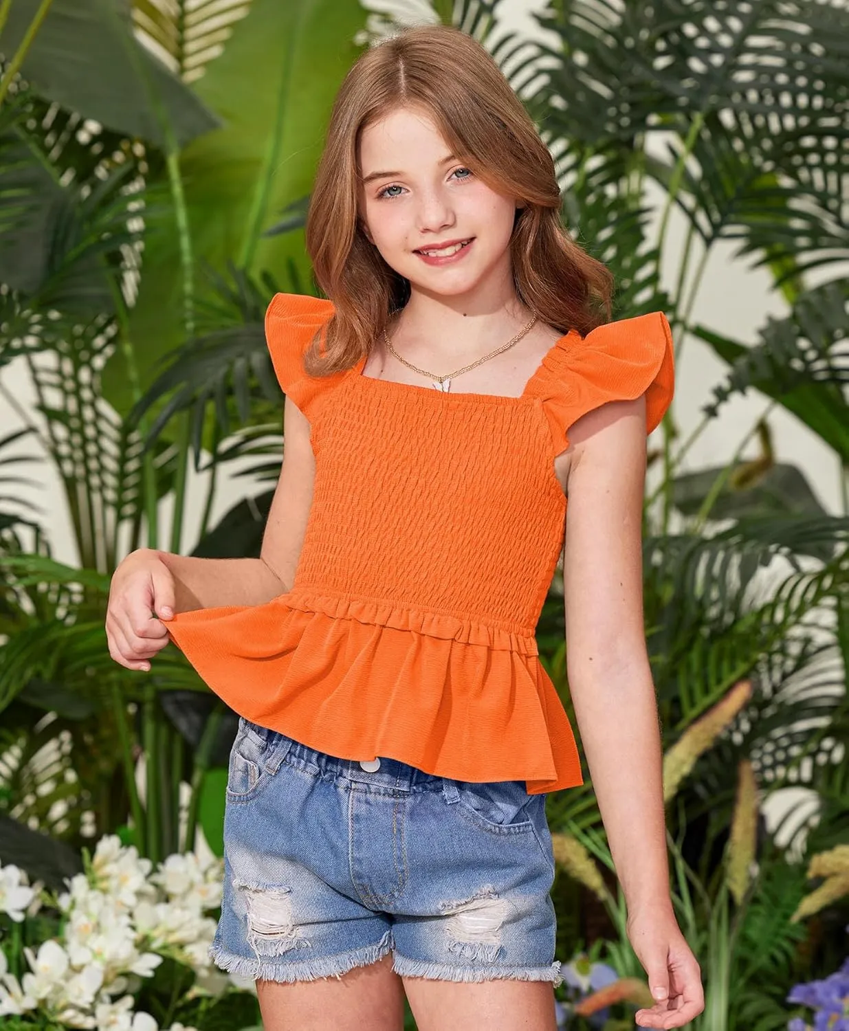 BesserBay Girls Summer Ruffle Cap Sleeve Square Neck Tank Top Peplum Hem Smocked Cute Babydoll Blouse 5-14 Years