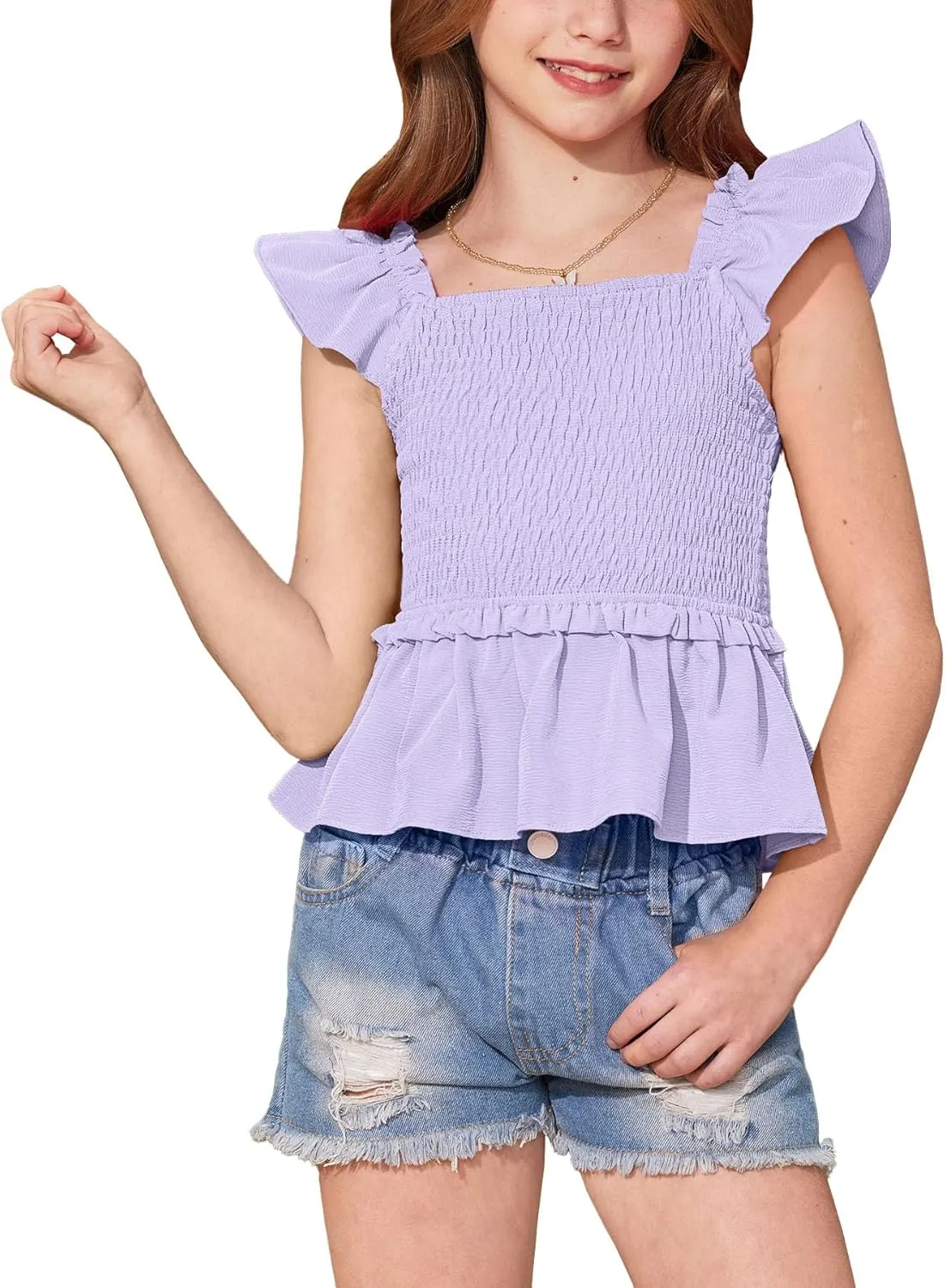 BesserBay Girls Summer Ruffle Cap Sleeve Square Neck Tank Top Peplum Hem Smocked Cute Babydoll Blouse 5-14 Years