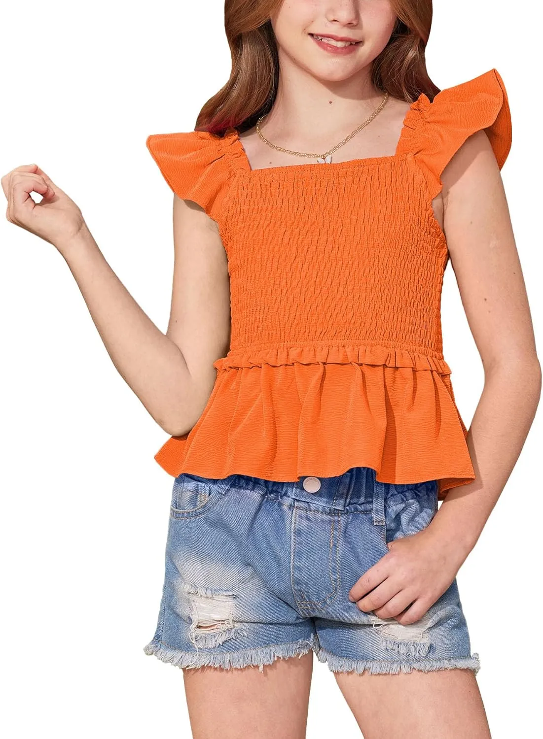 BesserBay Girls Summer Ruffle Cap Sleeve Square Neck Tank Top Peplum Hem Smocked Cute Babydoll Blouse 5-14 Years