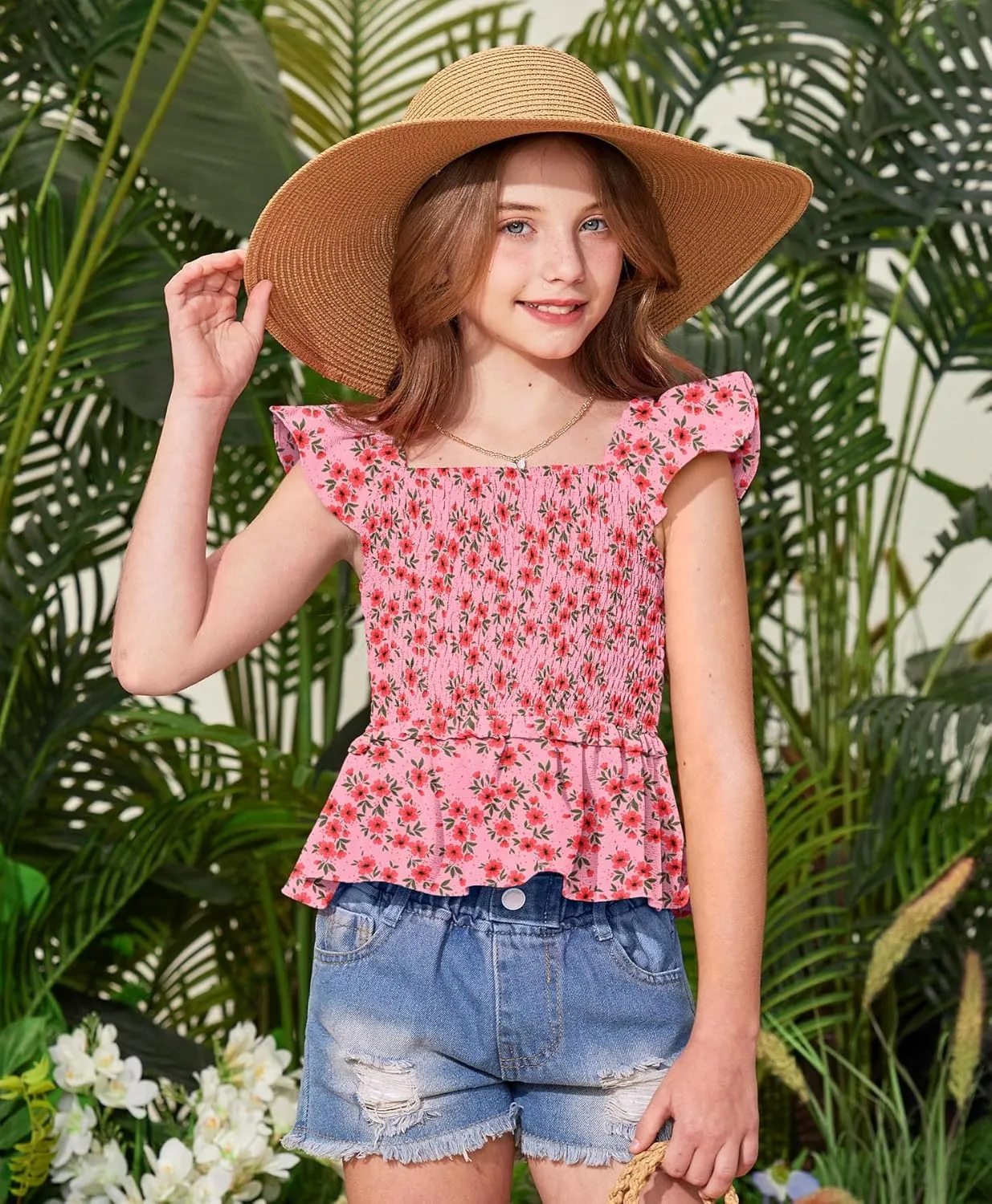 BesserBay Girls Summer Ruffle Cap Sleeve Square Neck Tank Top Peplum Hem Smocked Cute Babydoll Blouse 5-14 Years