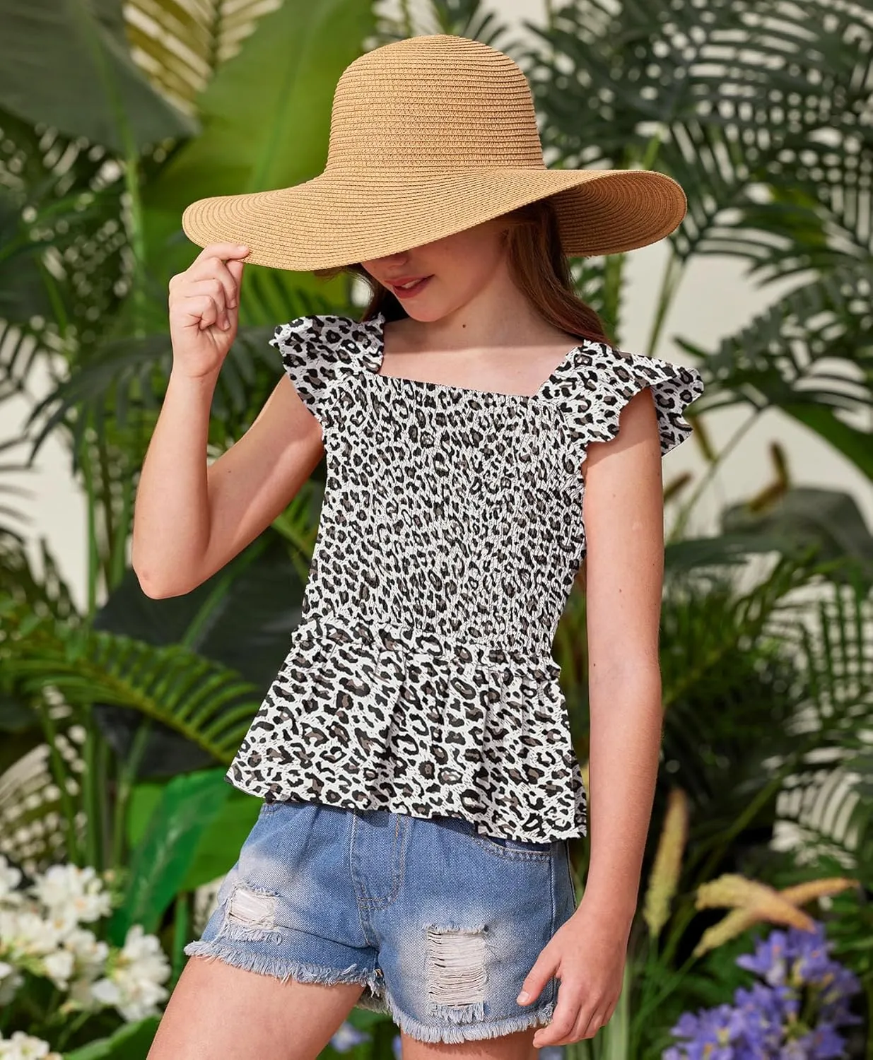 BesserBay Girls Summer Ruffle Cap Sleeve Square Neck Tank Top Peplum Hem Smocked Cute Babydoll Blouse 5-14 Years