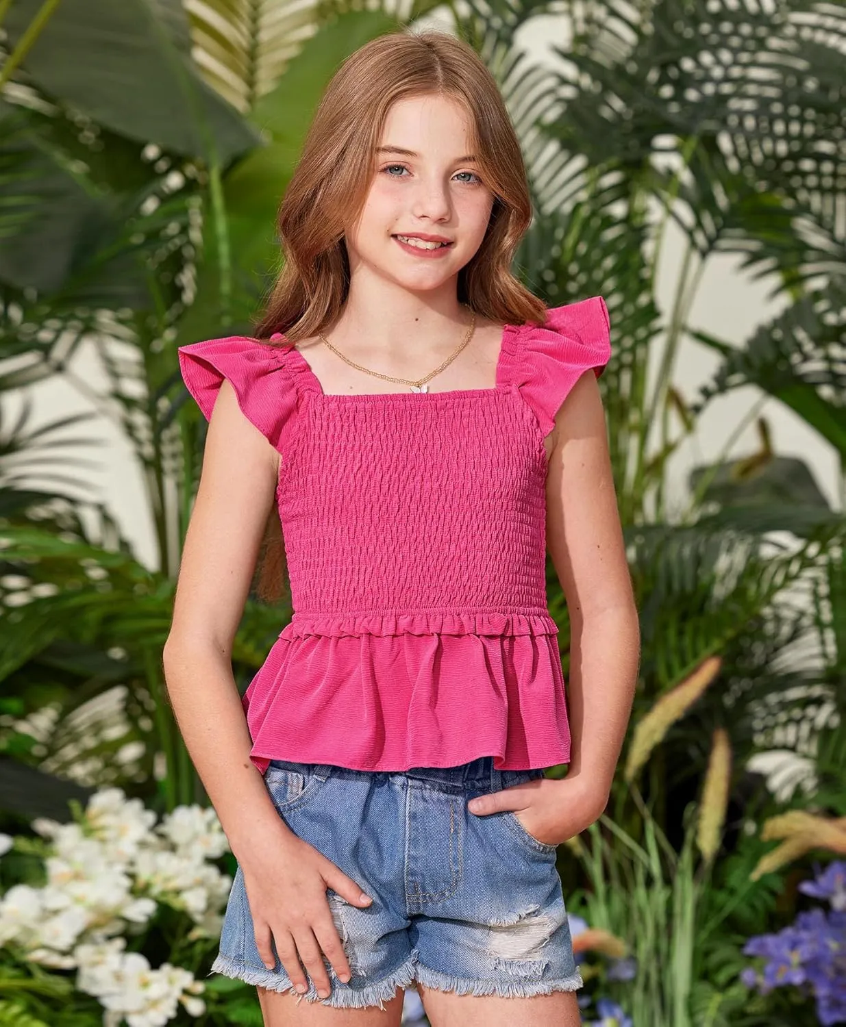 BesserBay Girls Summer Ruffle Cap Sleeve Square Neck Tank Top Peplum Hem Smocked Cute Babydoll Blouse 5-14 Years