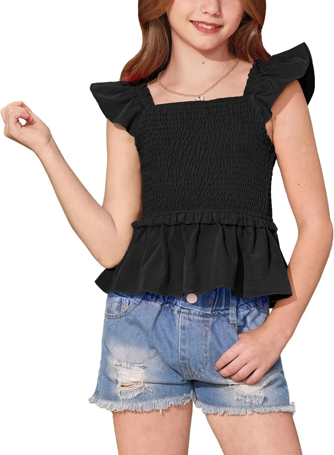 BesserBay Girls Summer Ruffle Cap Sleeve Square Neck Tank Top Peplum Hem Smocked Cute Babydoll Blouse 5-14 Years
