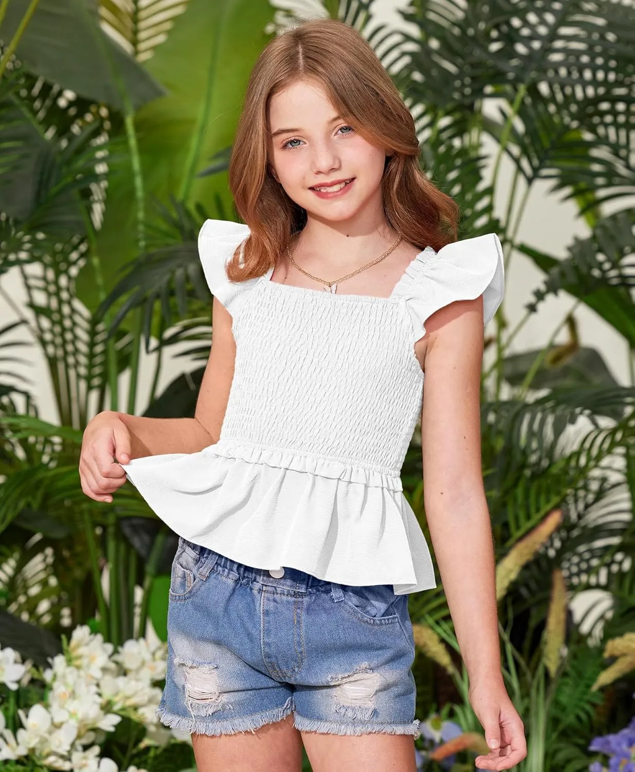 BesserBay Girls Summer Ruffle Cap Sleeve Square Neck Tank Top Peplum Hem Smocked Cute Babydoll Blouse 5-14 Years