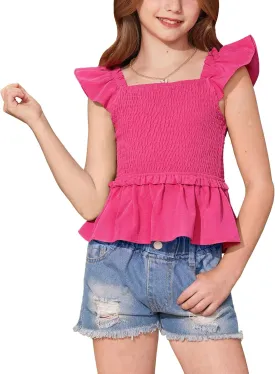 BesserBay Girls Summer Ruffle Cap Sleeve Square Neck Tank Top Peplum Hem Smocked Cute Babydoll Blouse 5-14 Years