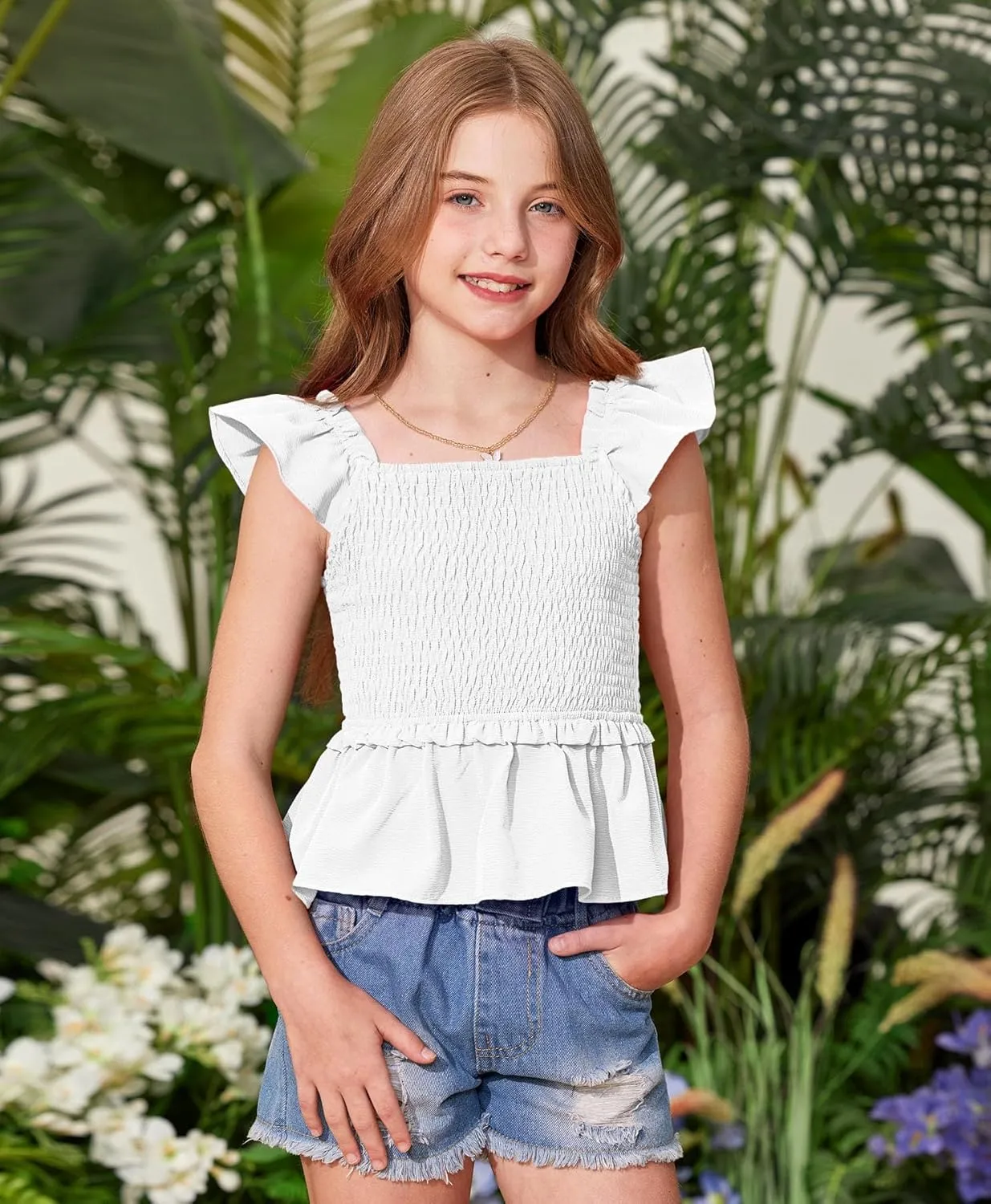 BesserBay Girls Summer Ruffle Cap Sleeve Square Neck Tank Top Peplum Hem Smocked Cute Babydoll Blouse 5-14 Years