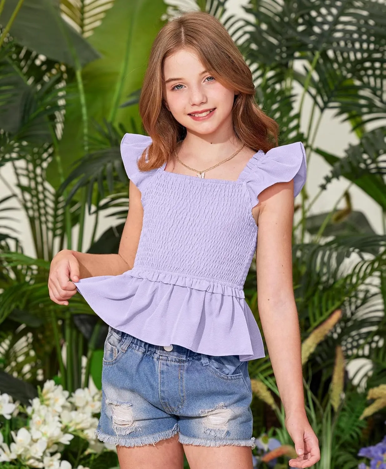 BesserBay Girls Summer Ruffle Cap Sleeve Square Neck Tank Top Peplum Hem Smocked Cute Babydoll Blouse 5-14 Years