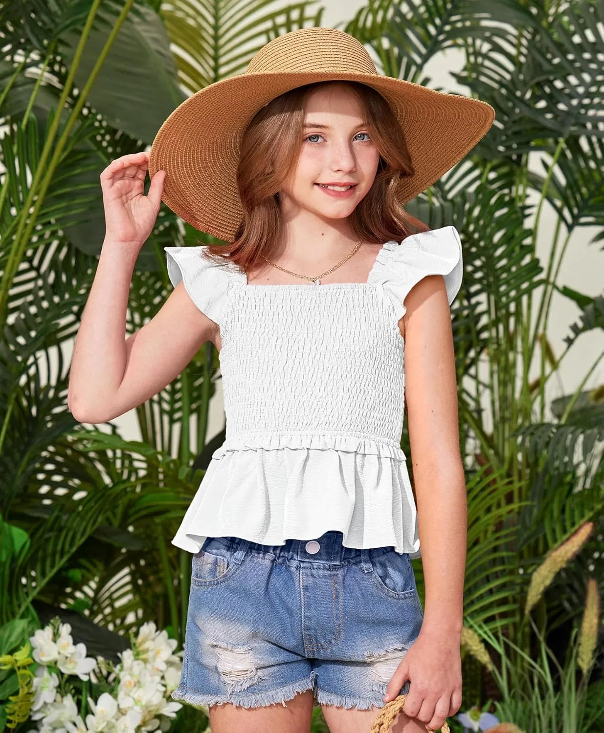 BesserBay Girls Summer Ruffle Cap Sleeve Square Neck Tank Top Peplum Hem Smocked Cute Babydoll Blouse 5-14 Years