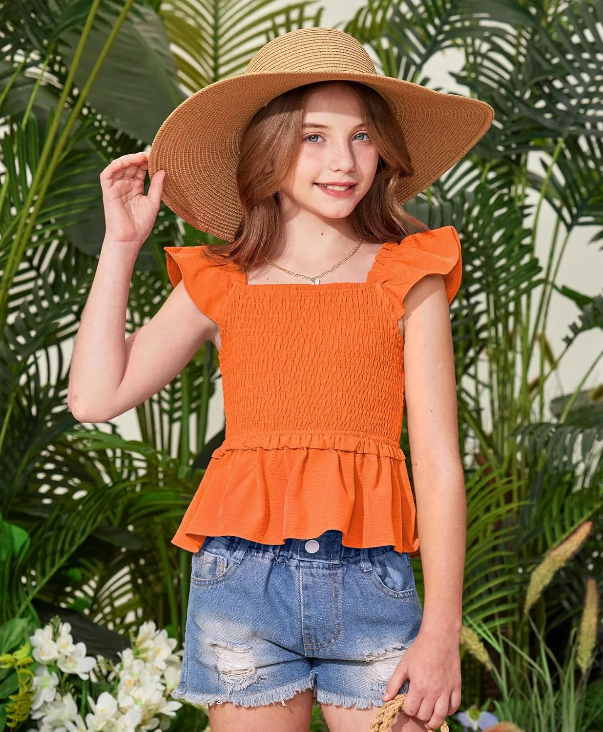 BesserBay Girls Summer Ruffle Cap Sleeve Square Neck Tank Top Peplum Hem Smocked Cute Babydoll Blouse 5-14 Years