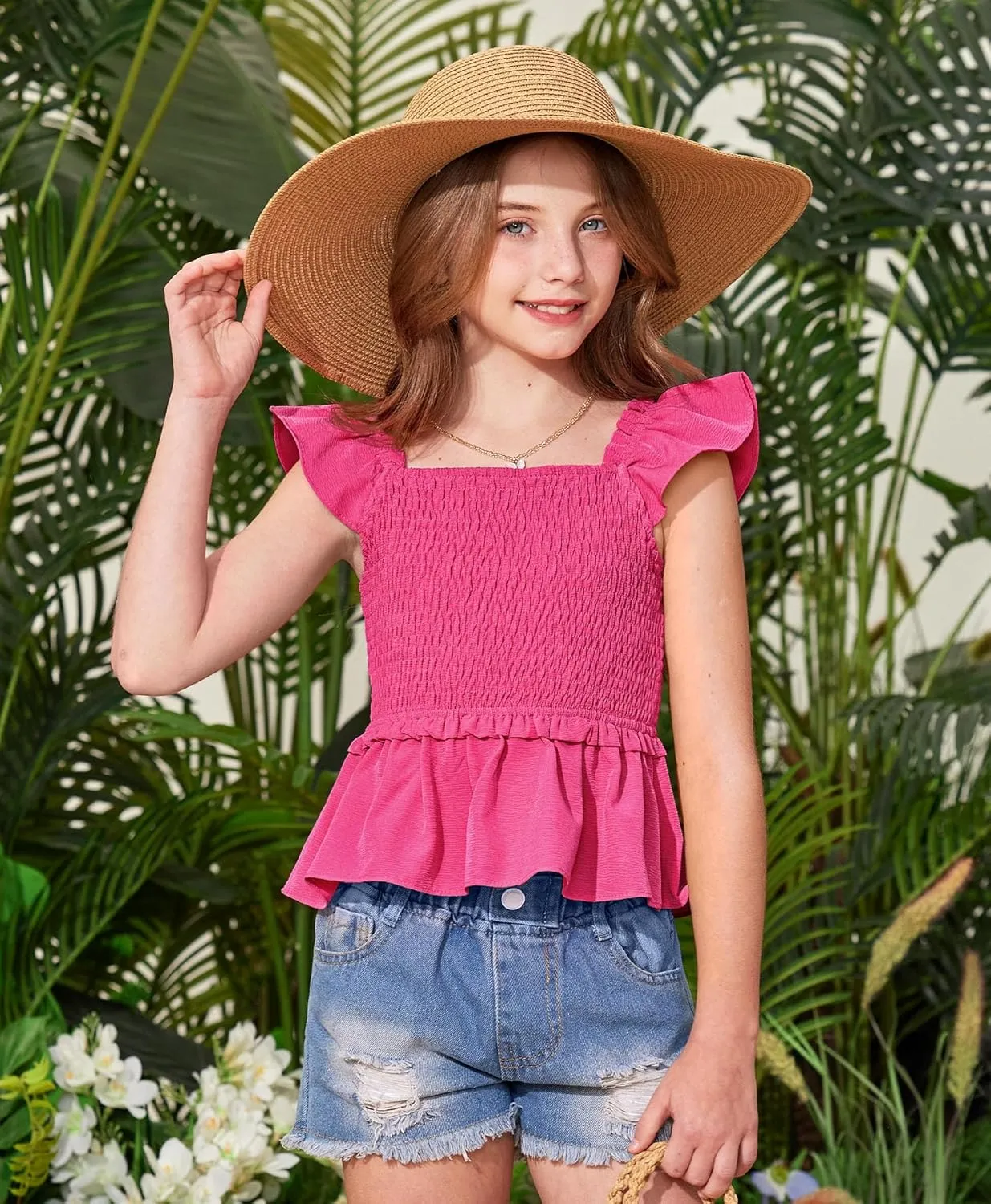 BesserBay Girls Summer Ruffle Cap Sleeve Square Neck Tank Top Peplum Hem Smocked Cute Babydoll Blouse 5-14 Years