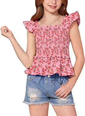 BesserBay Girls Summer Ruffle Cap Sleeve Square Neck Tank Top Peplum Hem Smocked Cute Babydoll Blouse 5-14 Years