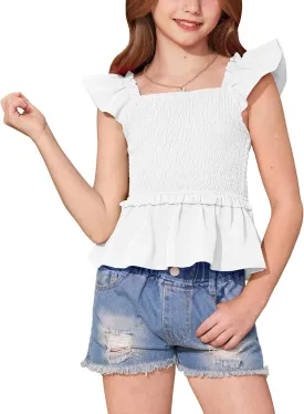 BesserBay Girls Summer Ruffle Cap Sleeve Square Neck Tank Top Peplum Hem Smocked Cute Babydoll Blouse 5-14 Years