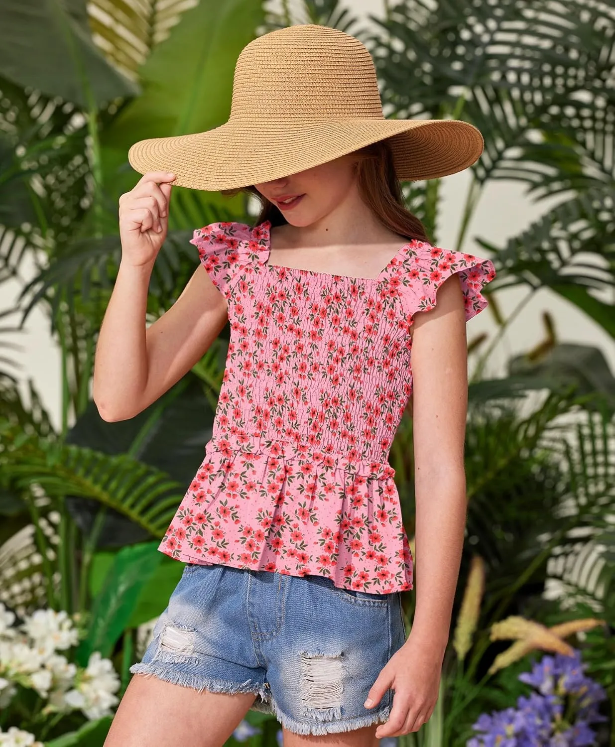 BesserBay Girls Summer Ruffle Cap Sleeve Square Neck Tank Top Peplum Hem Smocked Cute Babydoll Blouse 5-14 Years