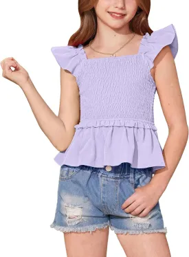 BesserBay Girls Summer Ruffle Cap Sleeve Square Neck Tank Top Peplum Hem Smocked Cute Babydoll Blouse 5-14 Years