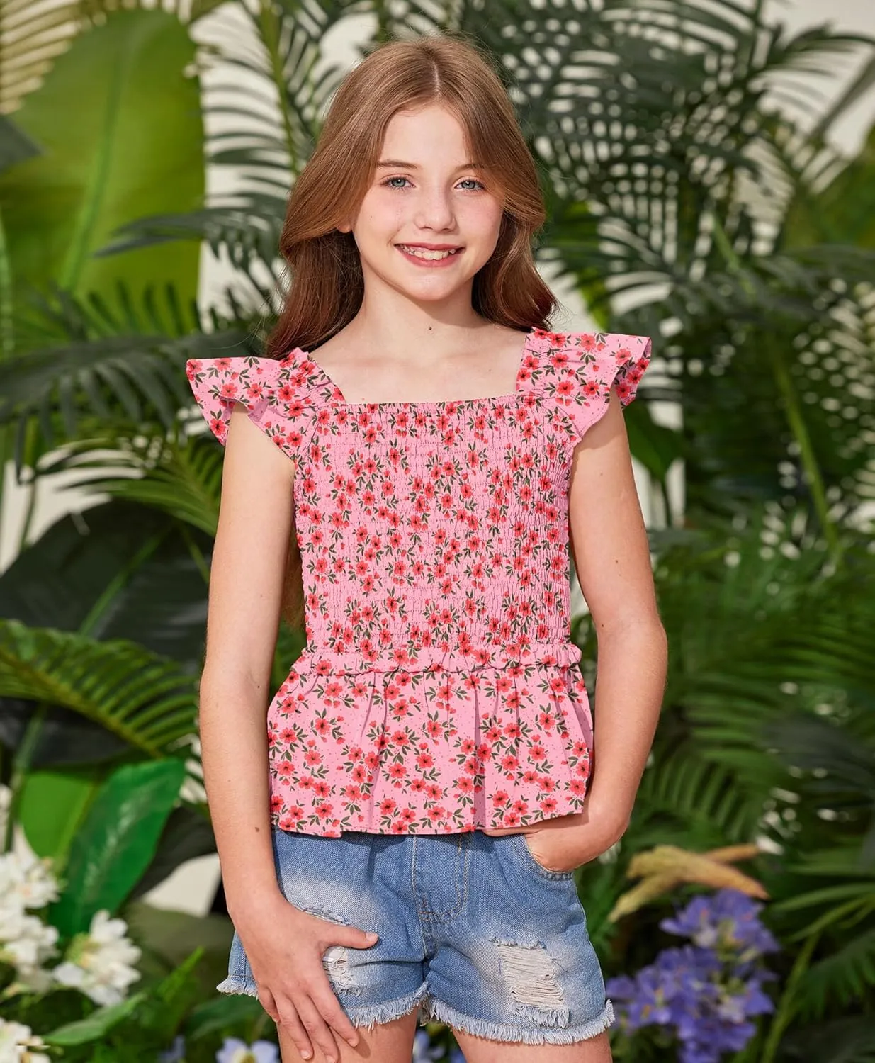 BesserBay Girls Summer Ruffle Cap Sleeve Square Neck Tank Top Peplum Hem Smocked Cute Babydoll Blouse 5-14 Years
