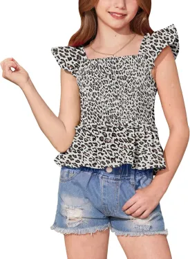 BesserBay Girls Summer Ruffle Cap Sleeve Square Neck Tank Top Peplum Hem Smocked Cute Babydoll Blouse 5-14 Years