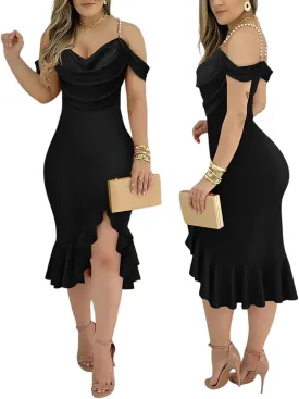 CHICME Womens Sexy Bodycon Party Dress Off The Shoulder Pearls Strap Midi Dress Ruffle Hem Cocktail Dresses