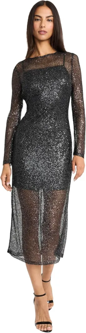 Donna Morgan Women's Sequin Midi Long Sleeve Bodycon Sheath with Sheer Overlay-Elegant Wedding Guest Cocktail Dress
