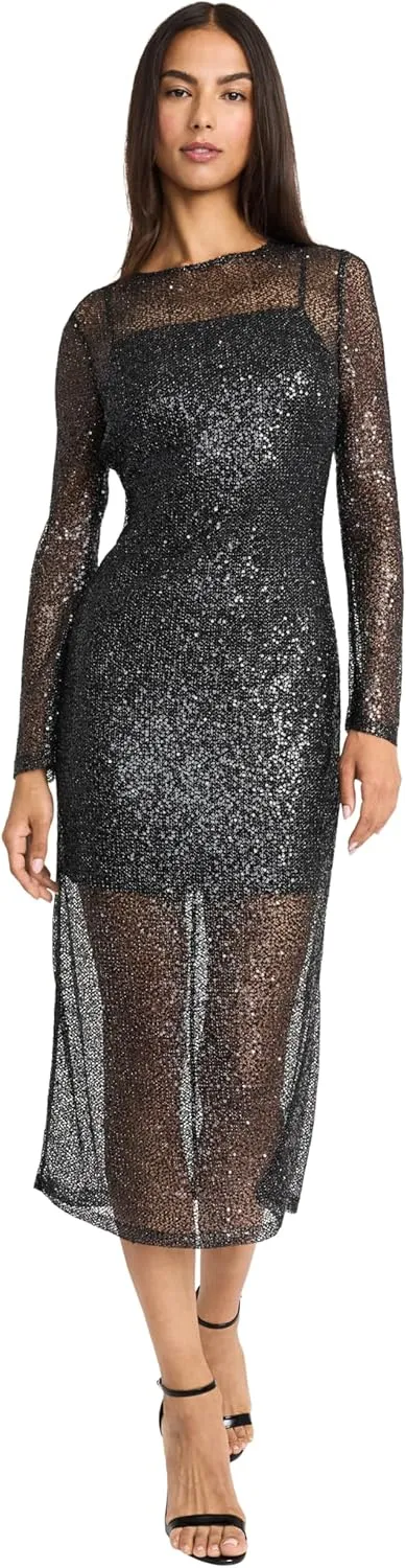 Donna Morgan Women's Sequin Midi Long Sleeve Bodycon Sheath with Sheer Overlay-Elegant Wedding Guest Cocktail Dress