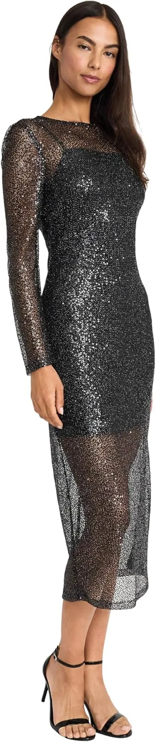 Donna Morgan Women's Sequin Midi Long Sleeve Bodycon Sheath with Sheer Overlay-Elegant Wedding Guest Cocktail Dress