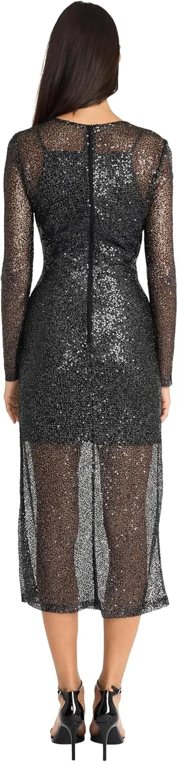 Donna Morgan Women's Sequin Midi Long Sleeve Bodycon Sheath with Sheer Overlay-Elegant Wedding Guest Cocktail Dress