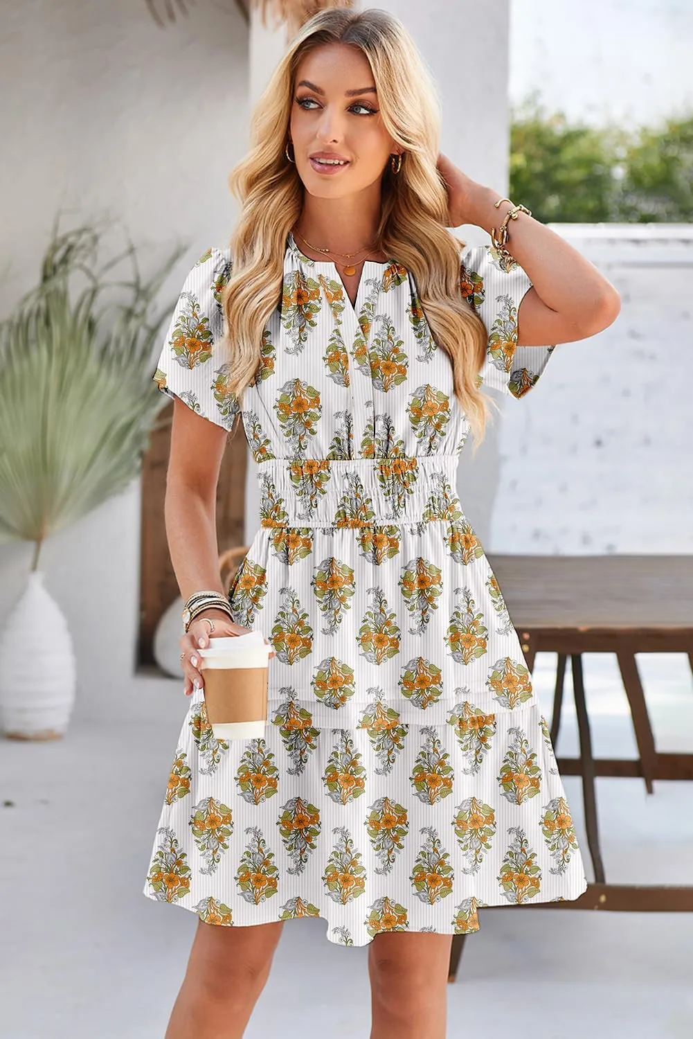 Duigluw Dresses for Women 2025 Casual Summer Short Sleeve V Neck Beach Mini A-Line Ruffle Flowy Dress