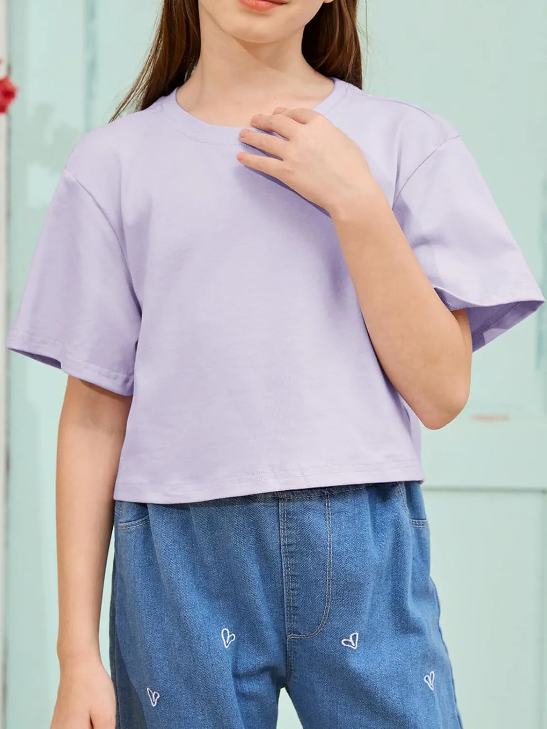 Girls Summer Crop Tops Kids Fashion Oversized Crew Neck Cropped Short Sleeve T Shirts Basic Tees Size 5-14 Years