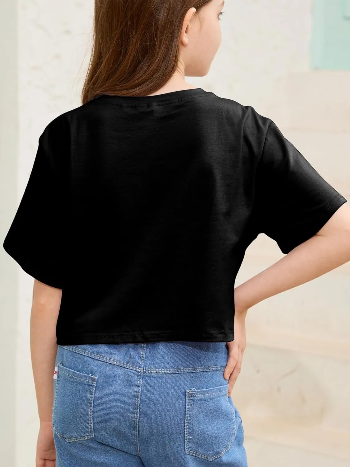 Girls Summer Crop Tops Kids Fashion Oversized Crew Neck Cropped Short Sleeve T Shirts Basic Tees Size 5-14 Years