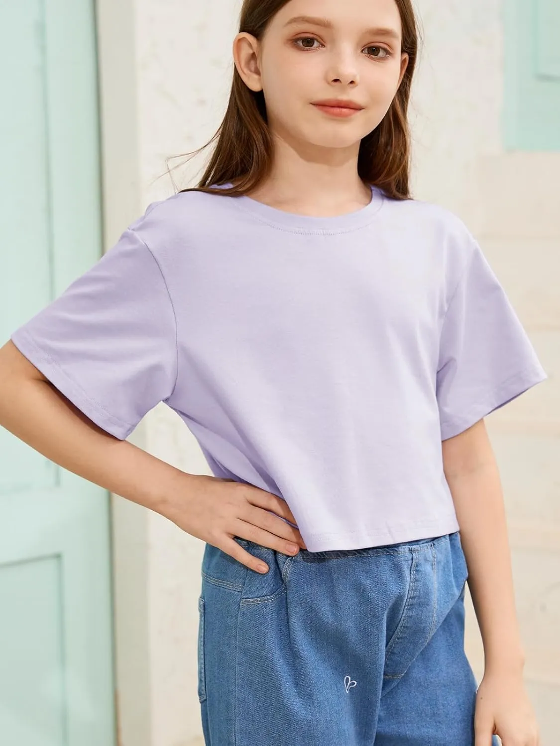 Girls Summer Crop Tops Kids Fashion Oversized Crew Neck Cropped Short Sleeve T Shirts Basic Tees Size 5-14 Years