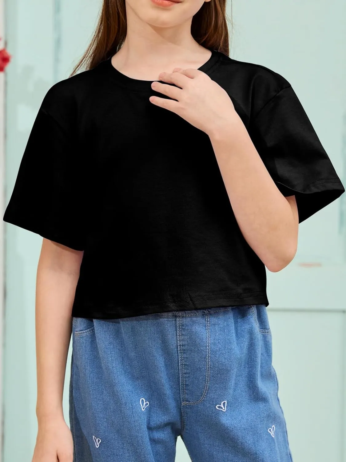 Girls Summer Crop Tops Kids Fashion Oversized Crew Neck Cropped Short Sleeve T Shirts Basic Tees Size 5-14 Years