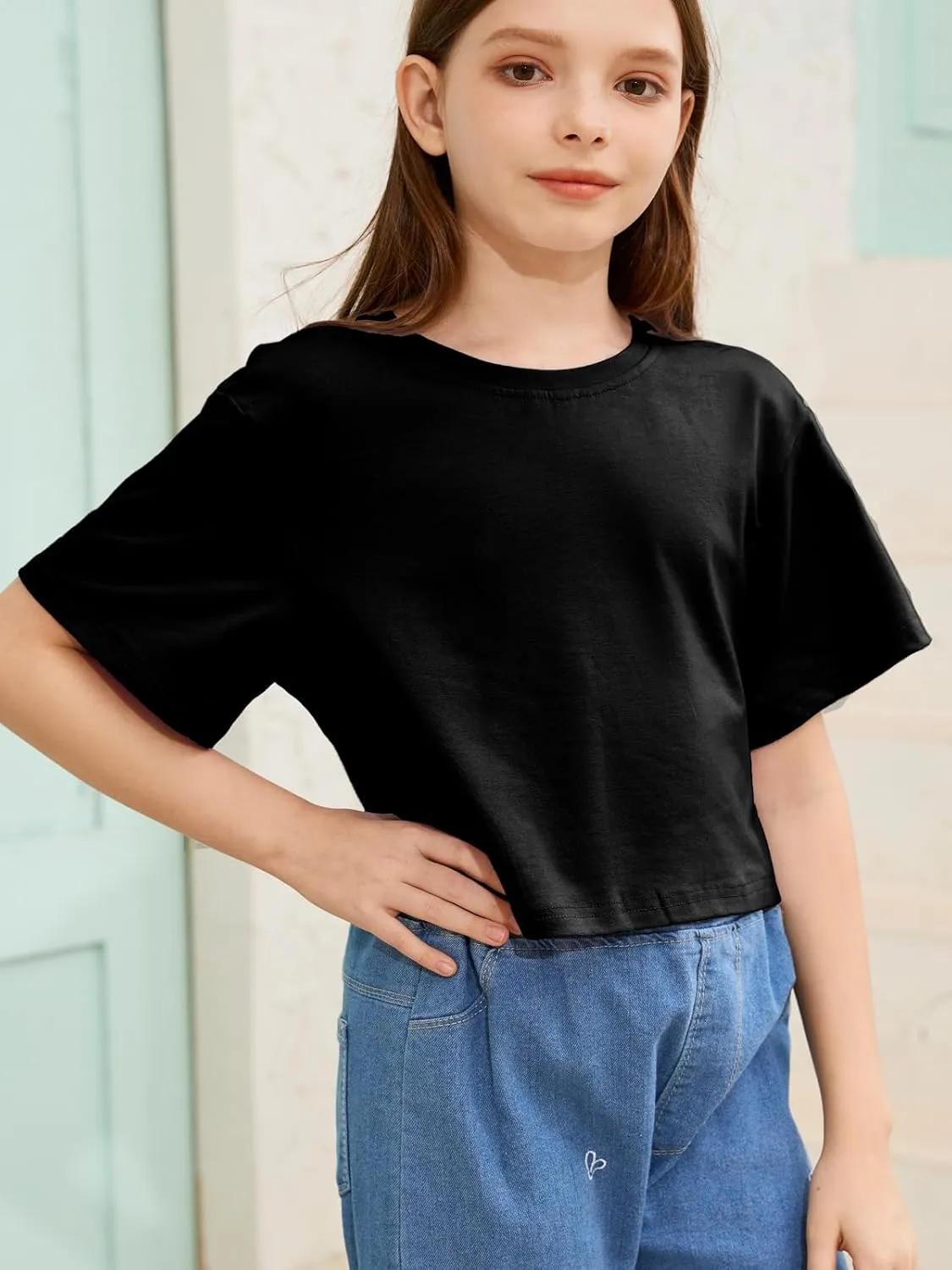 Girls Summer Crop Tops Kids Fashion Oversized Crew Neck Cropped Short Sleeve T Shirts Basic Tees Size 5-14 Years