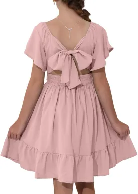 Girls Summer Tie Back Dress Tween Kids Ruffle Hem Off Shoulder Dresses Party Outfit Size 4-15 Years