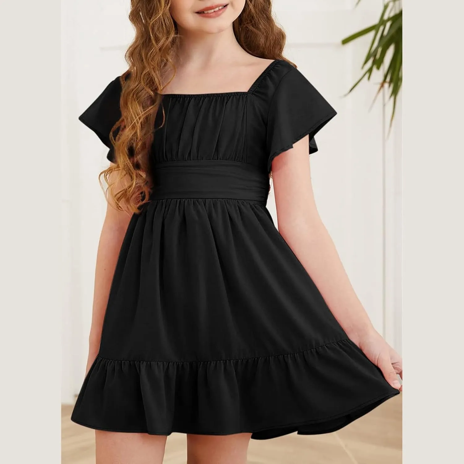 Girls Summer Tie Back Dress Tween Kids Ruffle Hem Off Shoulder Dresses Party Outfit Size 4-15 Years