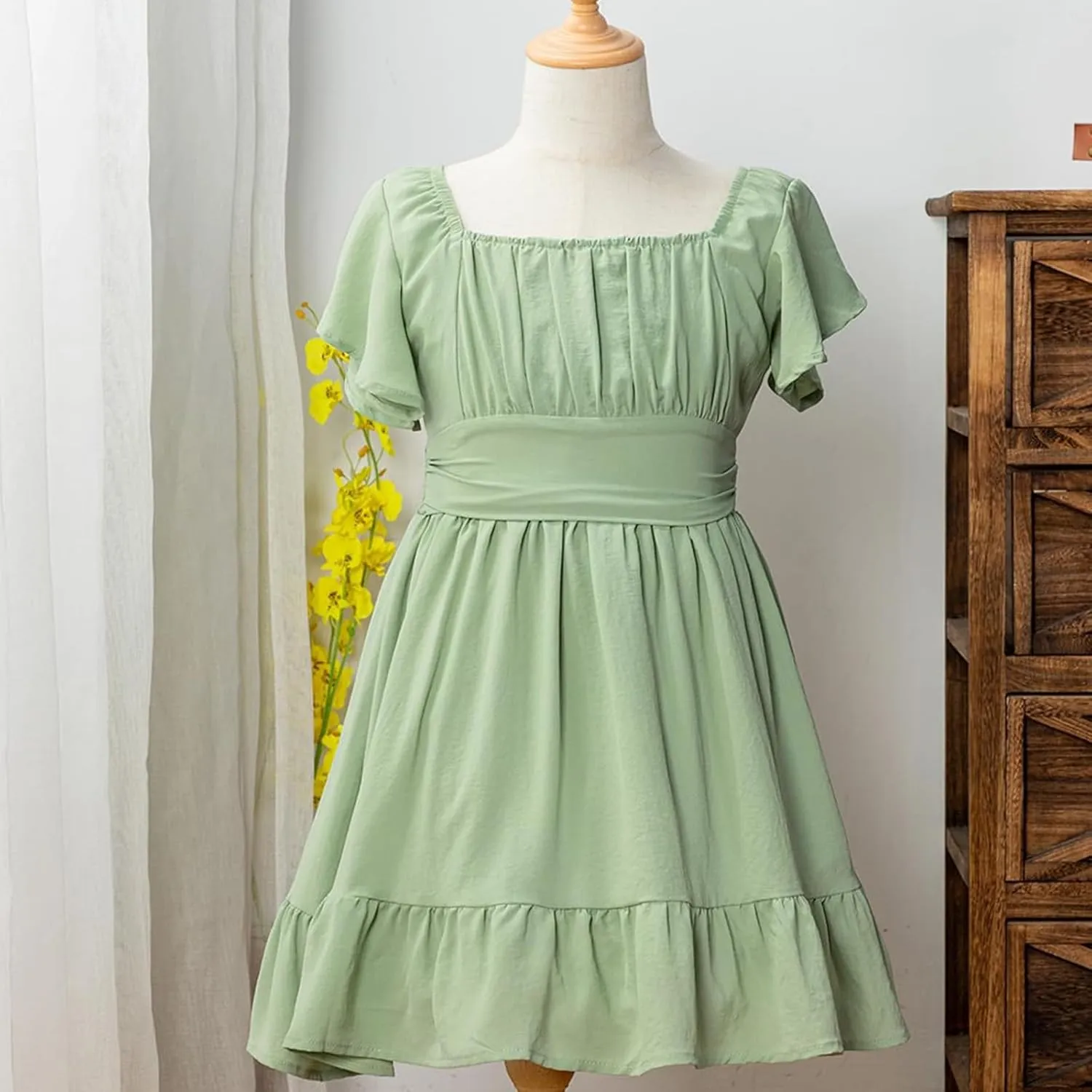 Girls Summer Tie Back Dress Tween Kids Ruffle Hem Off Shoulder Dresses Party Outfit Size 4-15 Years