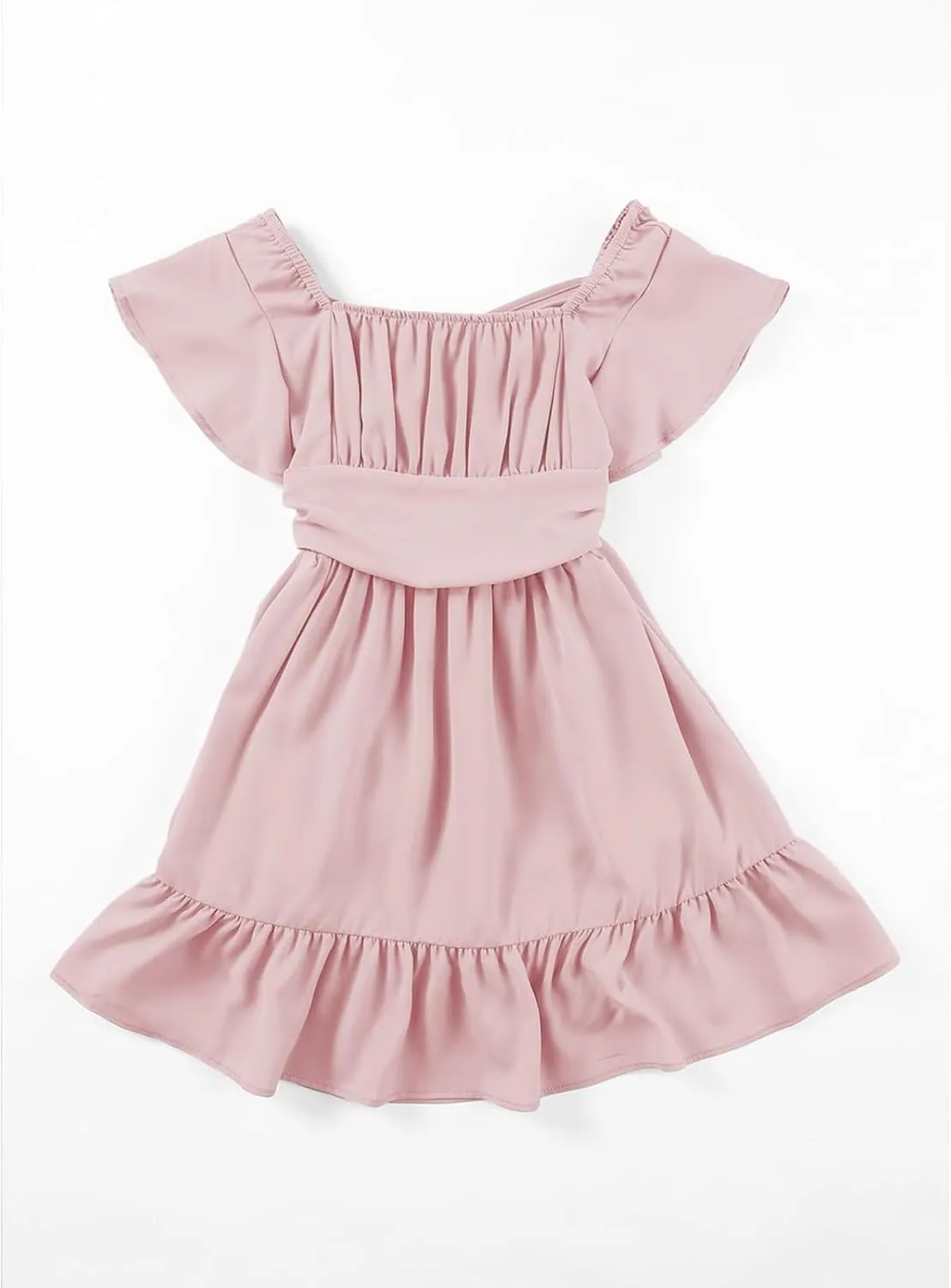Girls Summer Tie Back Dress Tween Kids Ruffle Hem Off Shoulder Dresses Party Outfit Size 4-15 Years