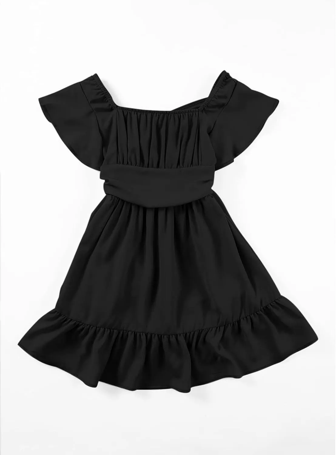 Girls Summer Tie Back Dress Tween Kids Ruffle Hem Off Shoulder Dresses Party Outfit Size 4-15 Years