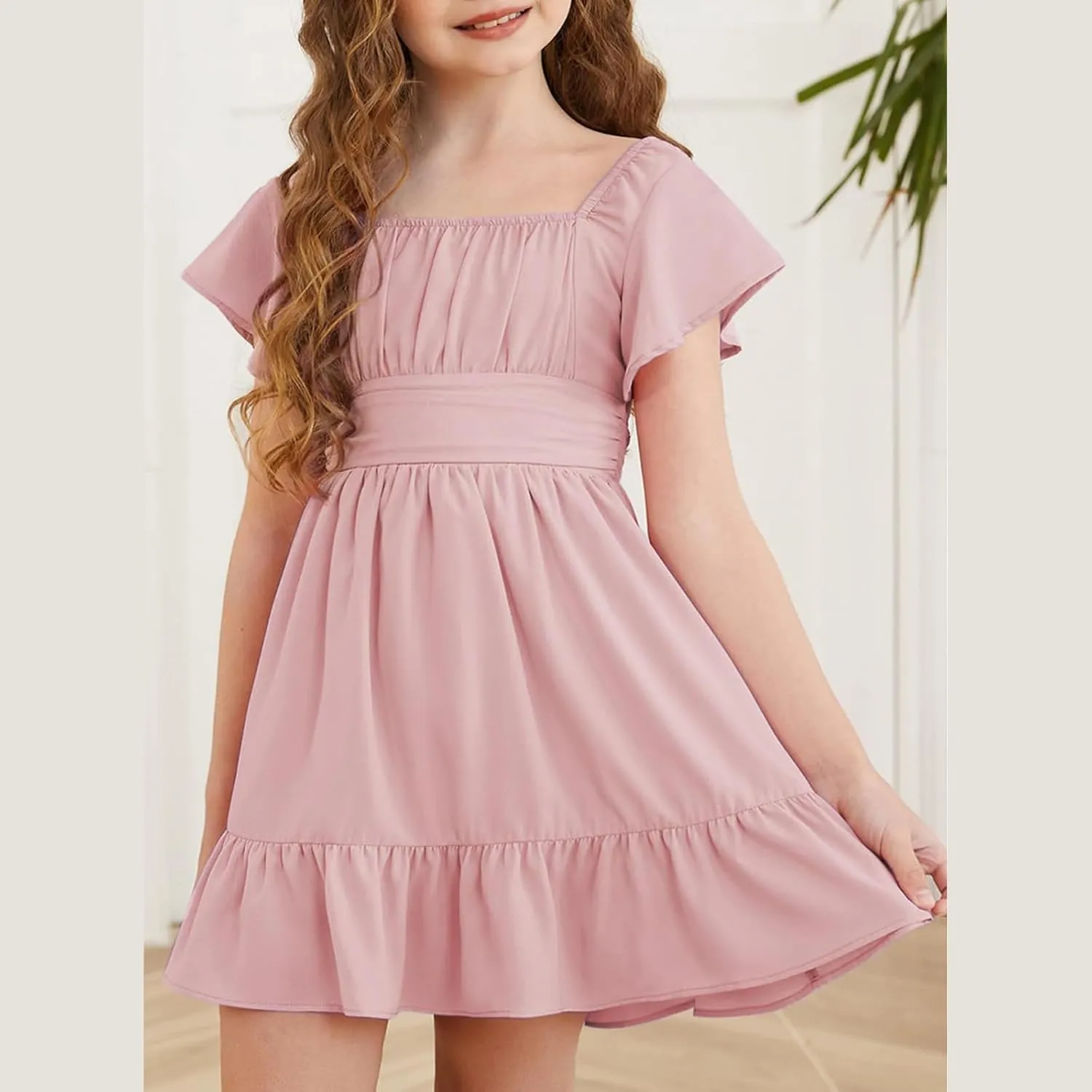 Girls Summer Tie Back Dress Tween Kids Ruffle Hem Off Shoulder Dresses Party Outfit Size 4-15 Years