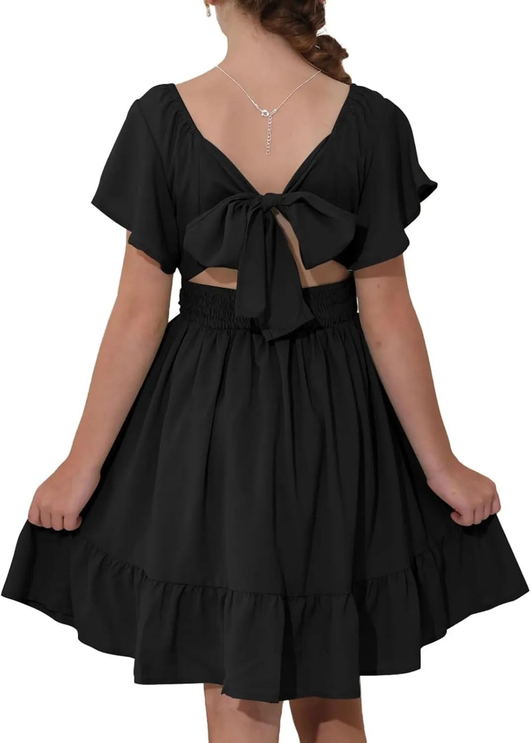 Girls Summer Tie Back Dress Tween Kids Ruffle Hem Off Shoulder Dresses Party Outfit Size 4-15 Years