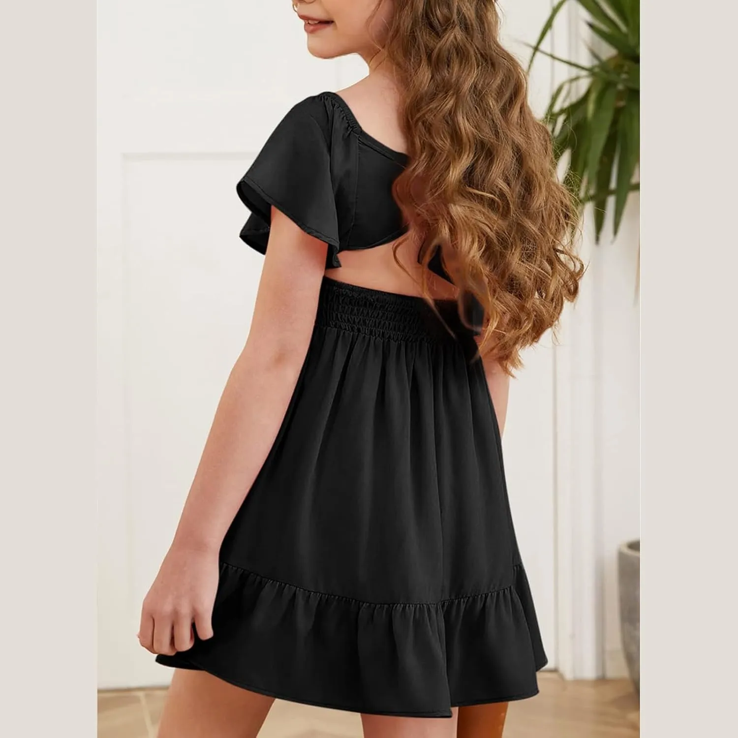 Girls Summer Tie Back Dress Tween Kids Ruffle Hem Off Shoulder Dresses Party Outfit Size 4-15 Years
