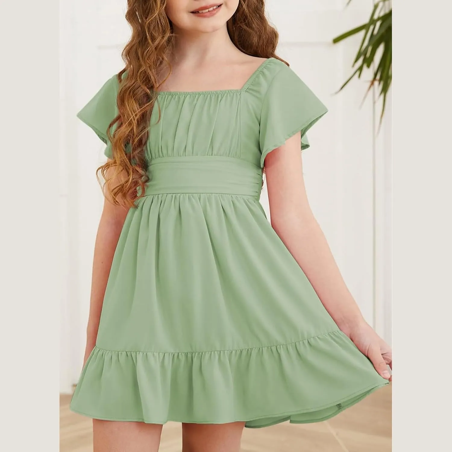 Girls Summer Tie Back Dress Tween Kids Ruffle Hem Off Shoulder Dresses Party Outfit Size 4-15 Years