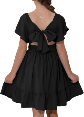 Girls Summer Tie Back Dress Tween Kids Ruffle Hem Off Shoulder Dresses Party Outfit Size 4-15 Years