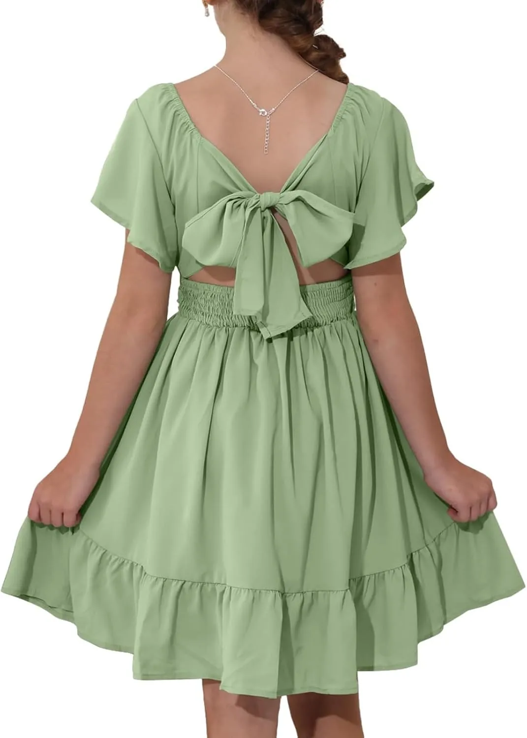 Girls Summer Tie Back Dress Tween Kids Ruffle Hem Off Shoulder Dresses Party Outfit Size 4-15 Years