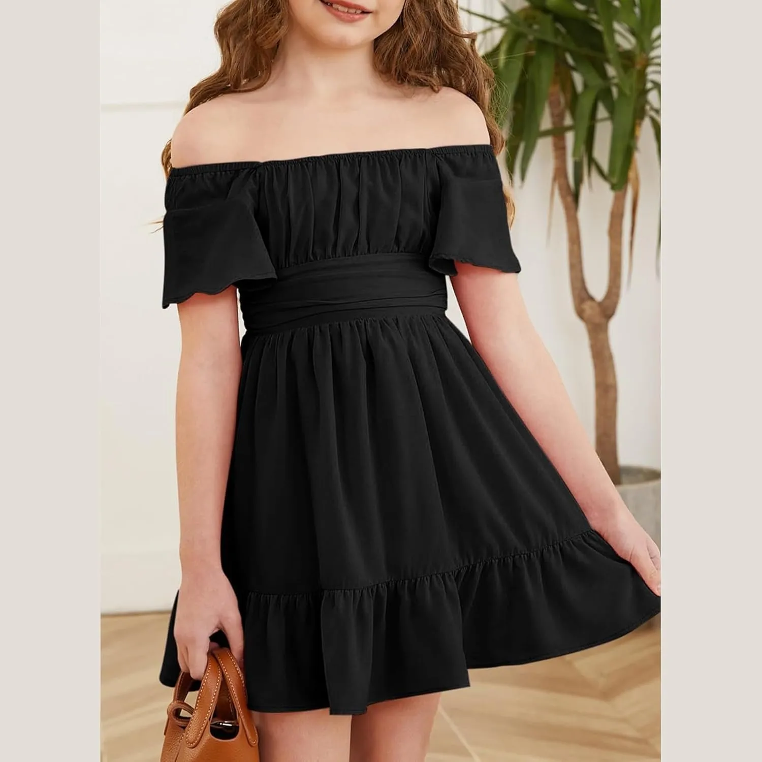 Girls Summer Tie Back Dress Tween Kids Ruffle Hem Off Shoulder Dresses Party Outfit Size 4-15 Years